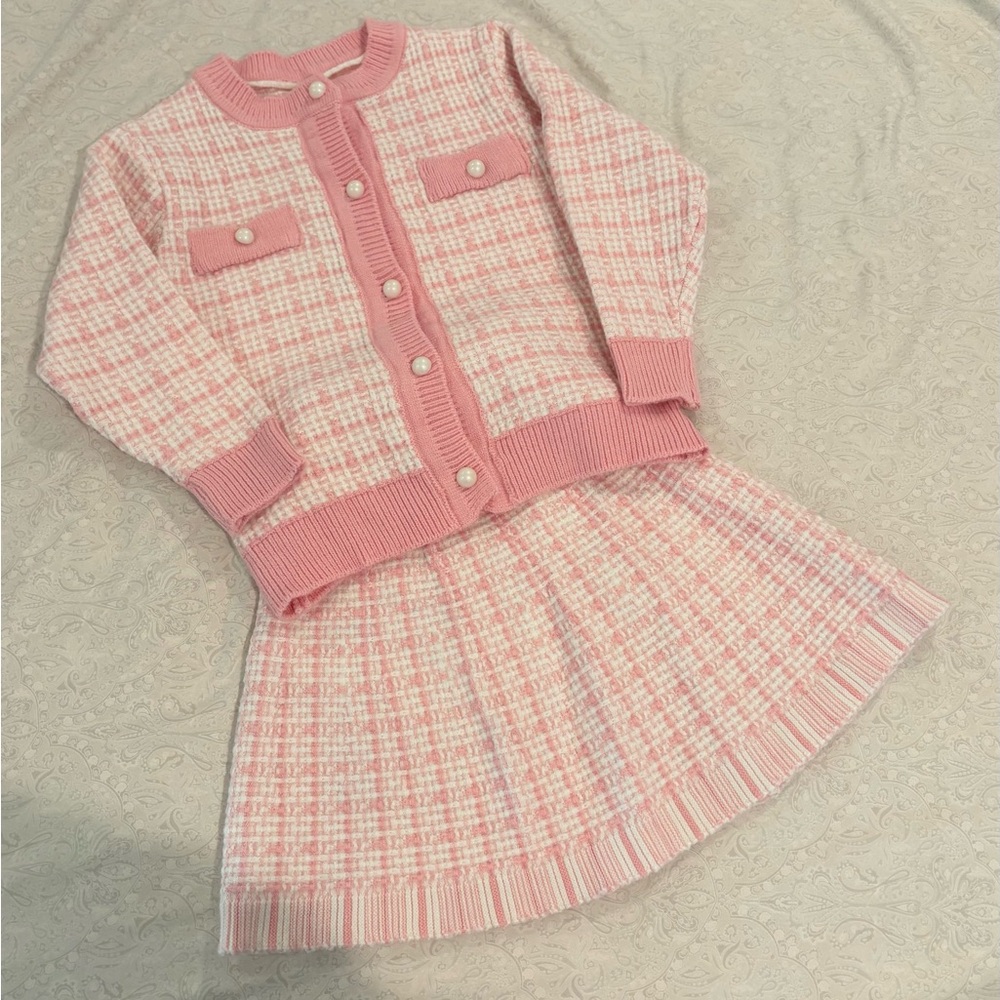 Pink Plaid Cardigan and Skirt Set